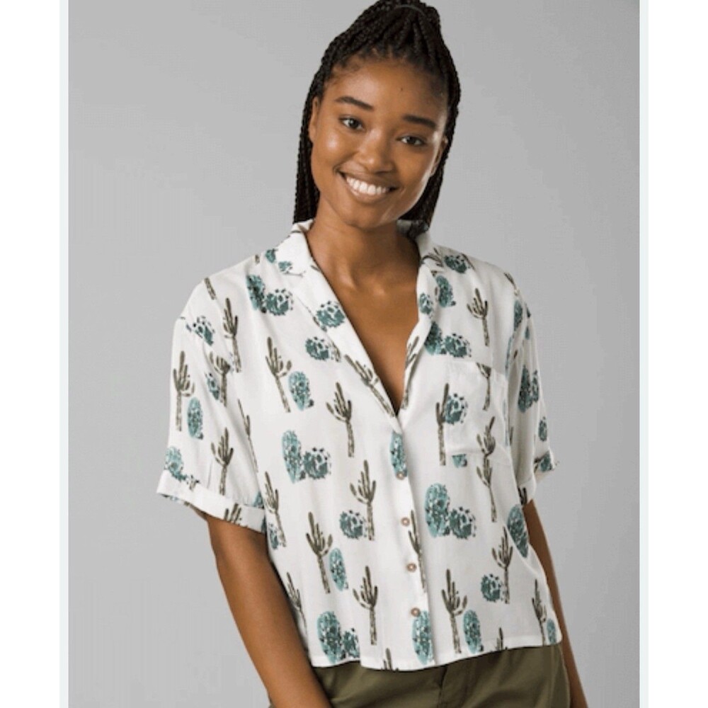prAna Iguala Top Women’s Small Cactus Print Saguaro Button Up Shirt Tencel